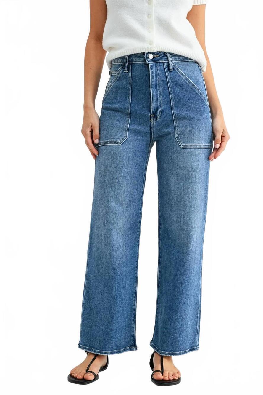 NEW JUST BLACK DENIM high rise cargo pocket wide leg jeans in medium denim